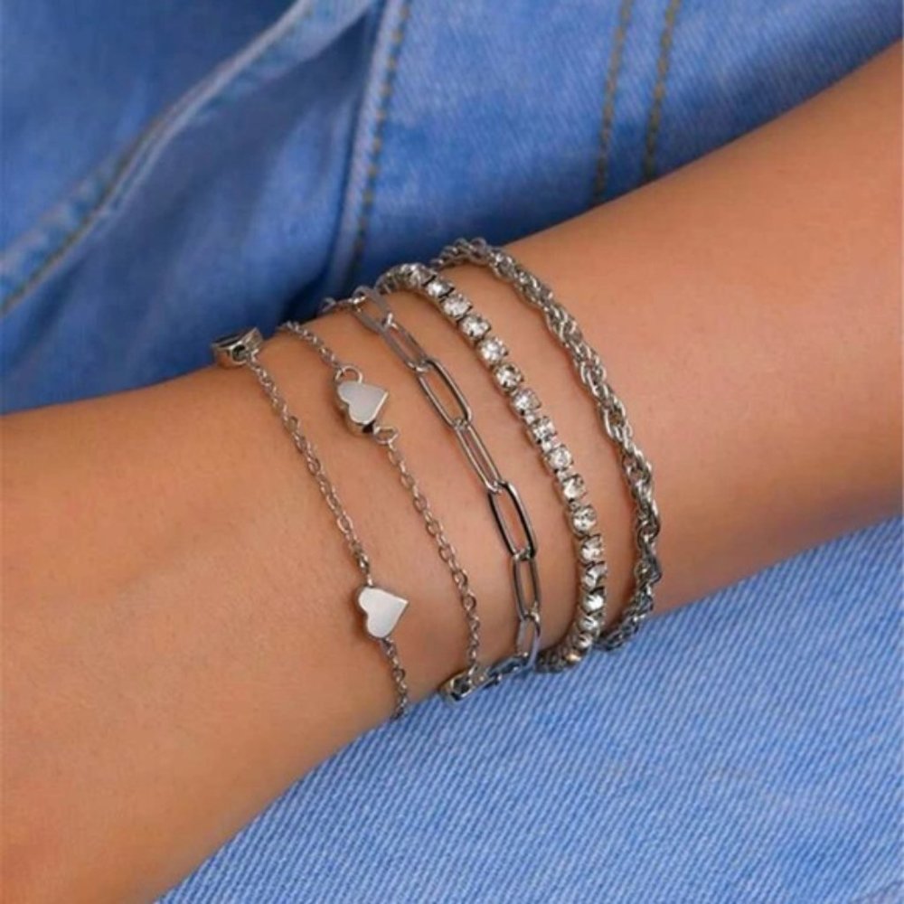 5pcs Rhinestone & Heart Decor Bracelet For Women Fashion Jewelry Gift We… - Picture 2 of 5
